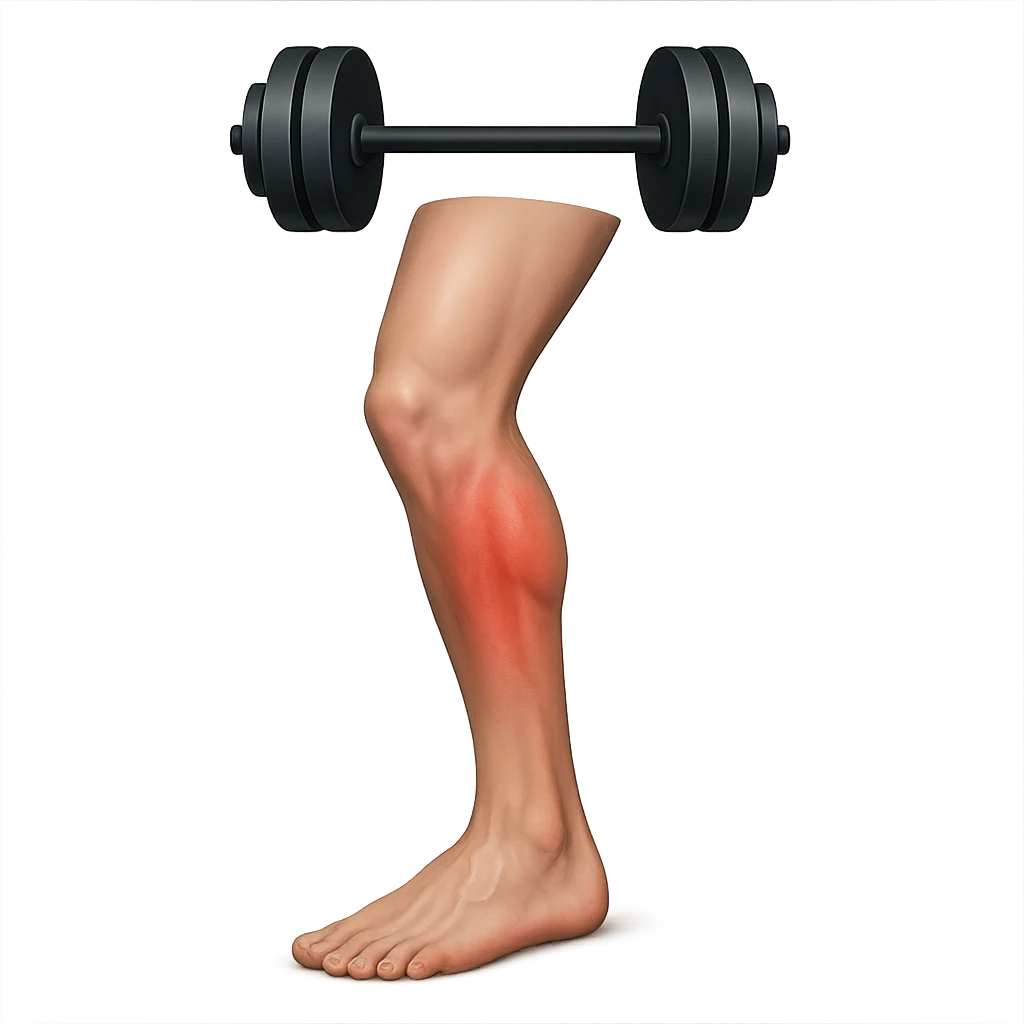 realistic human leg with overload represented by stylized weights above the leg, red area, 3D effect, isolated on white background emoji