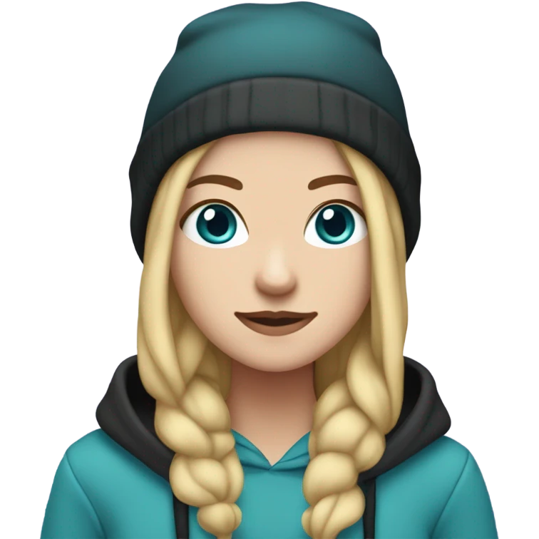 White girl, blue eyes, long teal hair, purple beanie hat, black hoodie, blue jeans, black shoes emoji