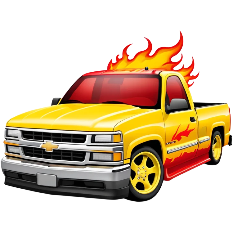 Bright yellow 1997 Chevy Silverado with custom airbrushed red flame paint job on hood extending to sides, exactly as in Kill Bill 'Pussy Wagon', 30-degree angle, iOS emoji style emoji