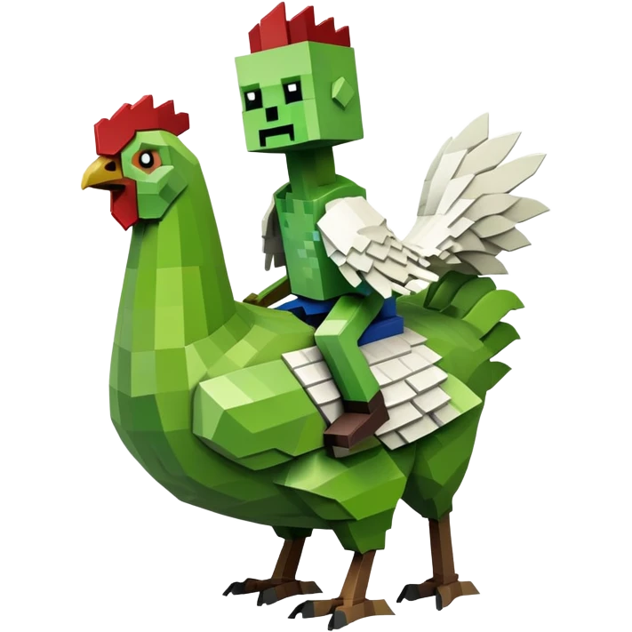 small square-shaped Minecraft zombie riding a small white chicken emoji