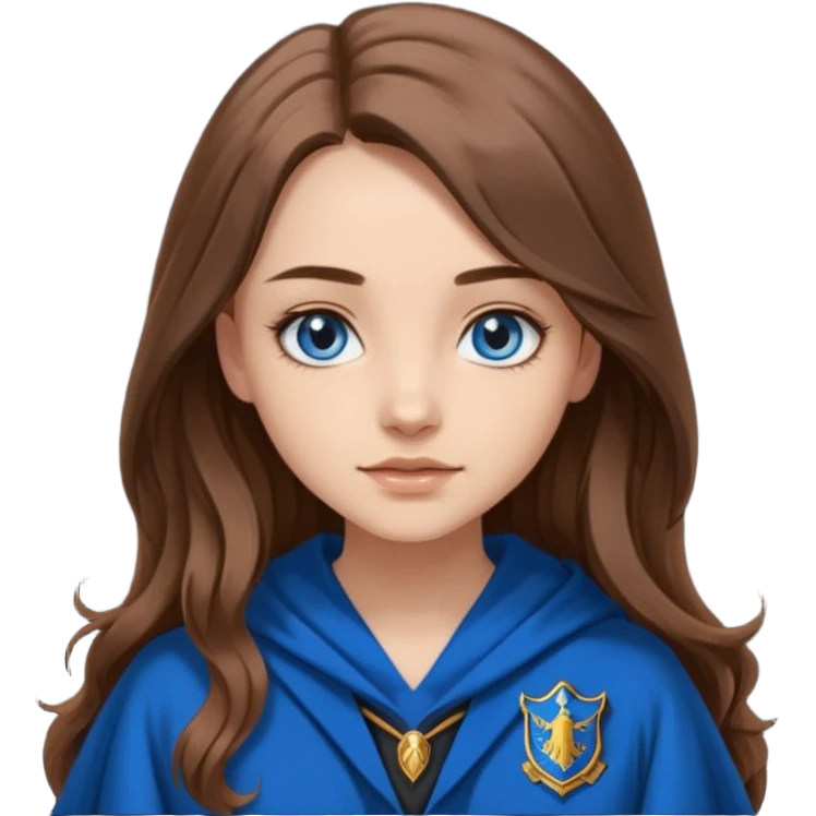 gorgeous Girl with light skin, blue eyes, long brown hair, wears ravenclaw black and blue robes  emoji