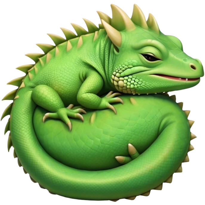 Meme-Worthy Cute Sleeping Iguana Portrait Emoji, Head resting peacefully with a contented smile, showcasing a solid, textured body with a subdued spiky crest and eyes gently closed in serene slumber, Simplified yet adorably endearing features, highly detailed, glowing with a soft, drowsy jungle light, high shine, relaxed and utterly lovable, stylized with an air of playful laziness, soft glowing outline, capturing the essence of a sleeping iguana that feels destined to become the next viral icon of adorable rest! emoji