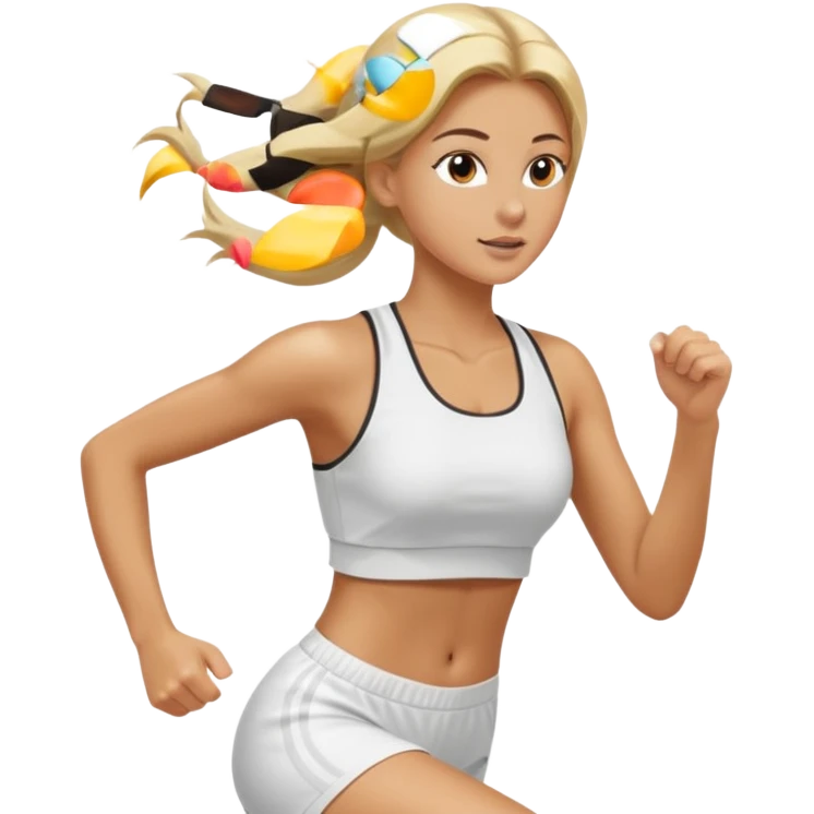 Mujer color de piel moreno, con cabello rubio largo, lacio y suelto, bonita, nariz respingada, corriendo con ropa deportiva color blanco  emoji