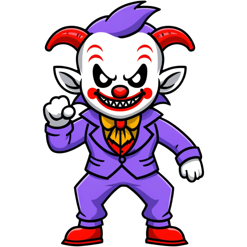 evil clown in a leisure suit with billy goat horns, fangs, pointed ears, standing in a fighting posture, battle-ready soldier emoji