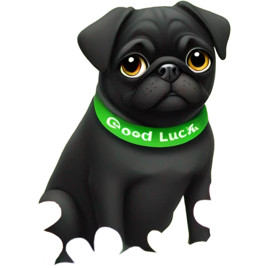 Black pug , surrounded by flowers, holding a green sign that says “good luck”  emoji