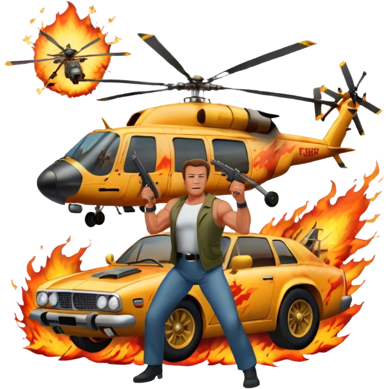 Icon for Action Movies: Arnold Schwarzenegger in the lead role, in an intense action pose with weapons, explosions, a car and helicopter flying out of flames in the background. The design should capture the explosive energy and heroism of classic action films. Transparent background. emoji