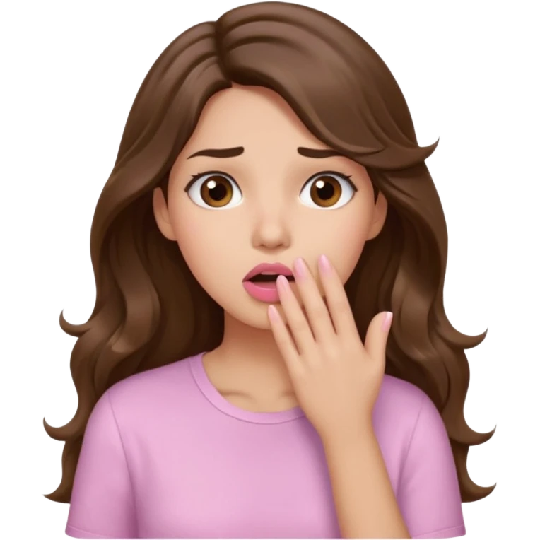 girl with wavy long brown hair, brown eyes, light to medium complexion, long lashes, light pink lipstick, wearing light pink shirt, shocked, hand covering mouth emoji