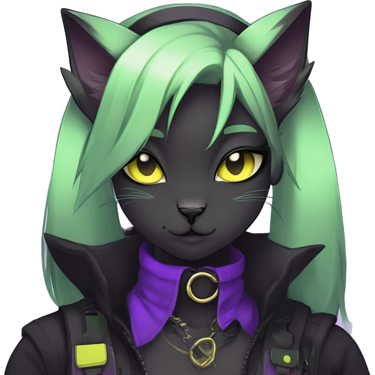 Gorgeous furry gothic dark techwear anime style anthro black cat furry sona Fakemon with blushing face yellow-green eyes with ponytail, aesthetic and pretty edgy black with violet collar and harness trending style emoji