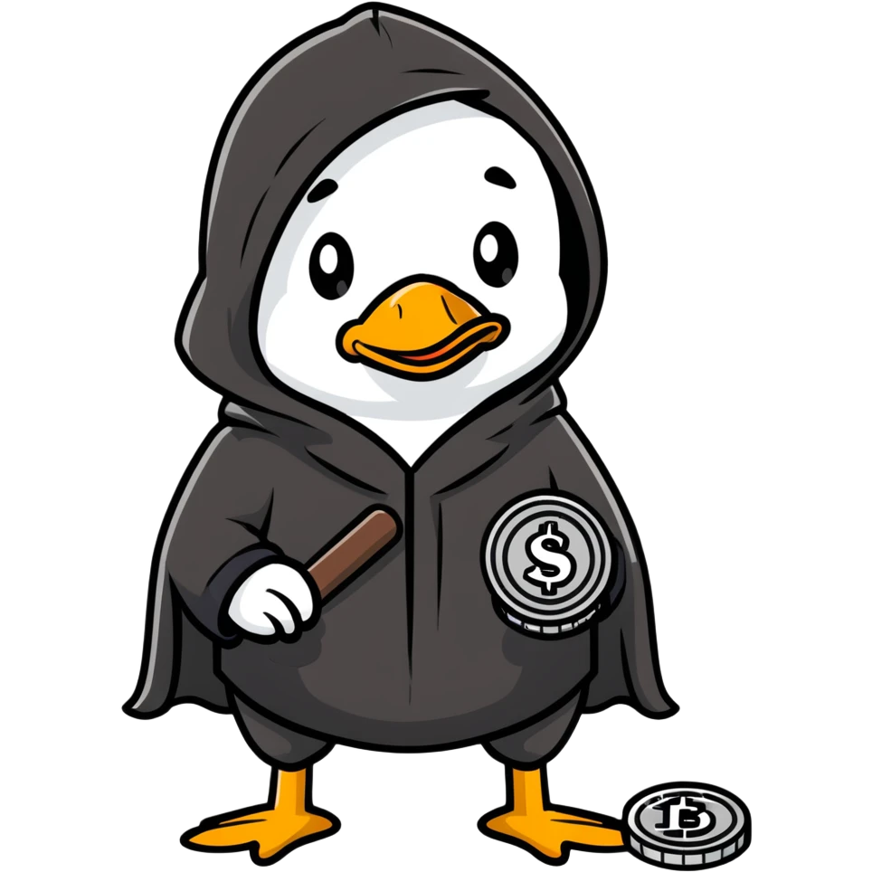 A cool duck wearing a black hooded cloak holding a silver coin emoji
