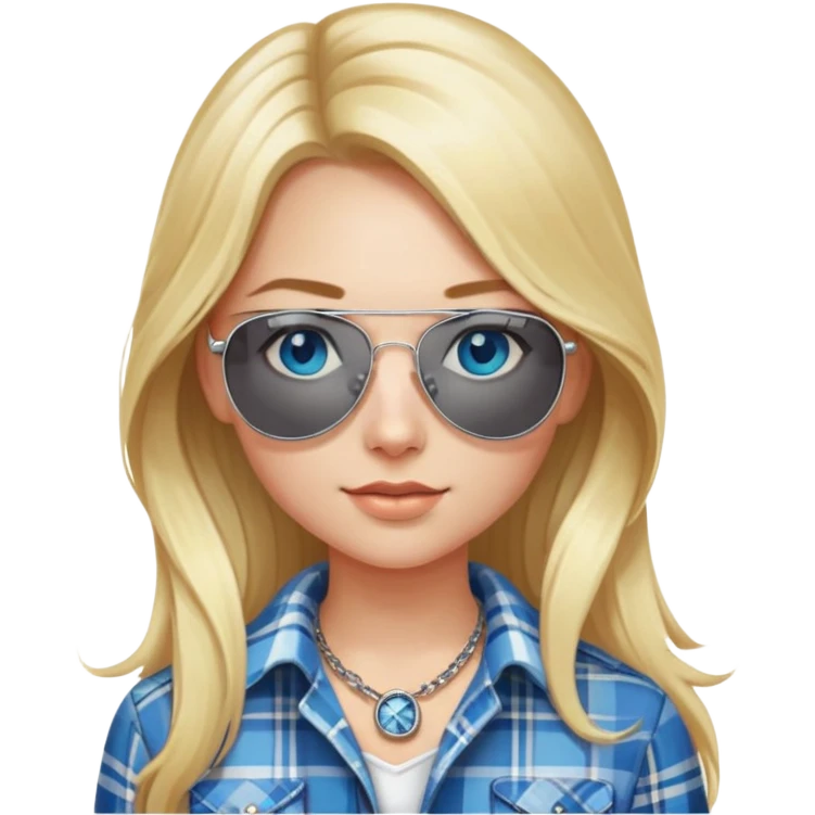 girl with long blond hair, wearing plaid shirt with blue eyes and aviator sunglasses wearing a ring on her silver necklace emoji