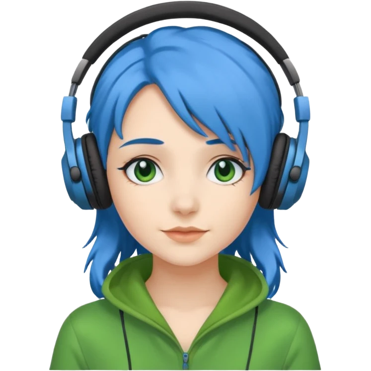 blue haired woman with headphone and green costumes  emoji