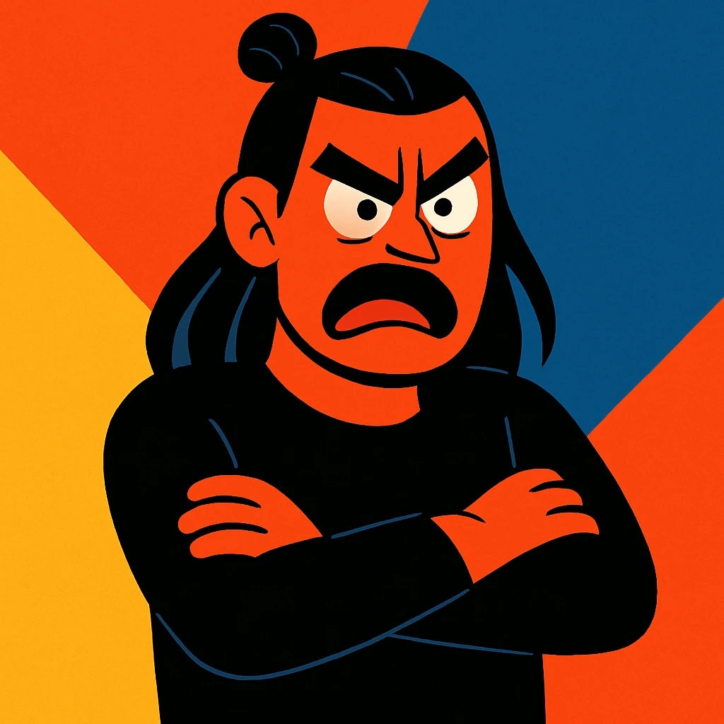 expressive style angry man with long black hair in a bun, arms crossed, dressed in black emoji