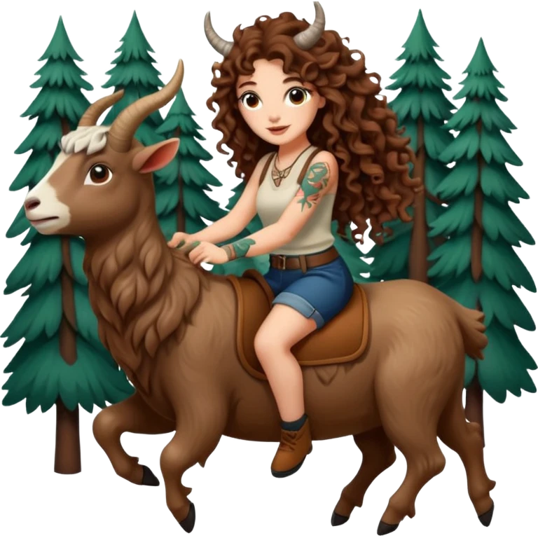 cute woman long curly brown hair tattoos riding forest goat emoji