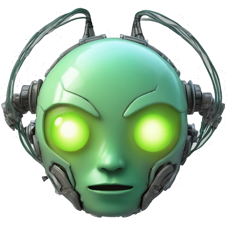 Round Alien cyborg head with glowing wires and green eyes  emoji