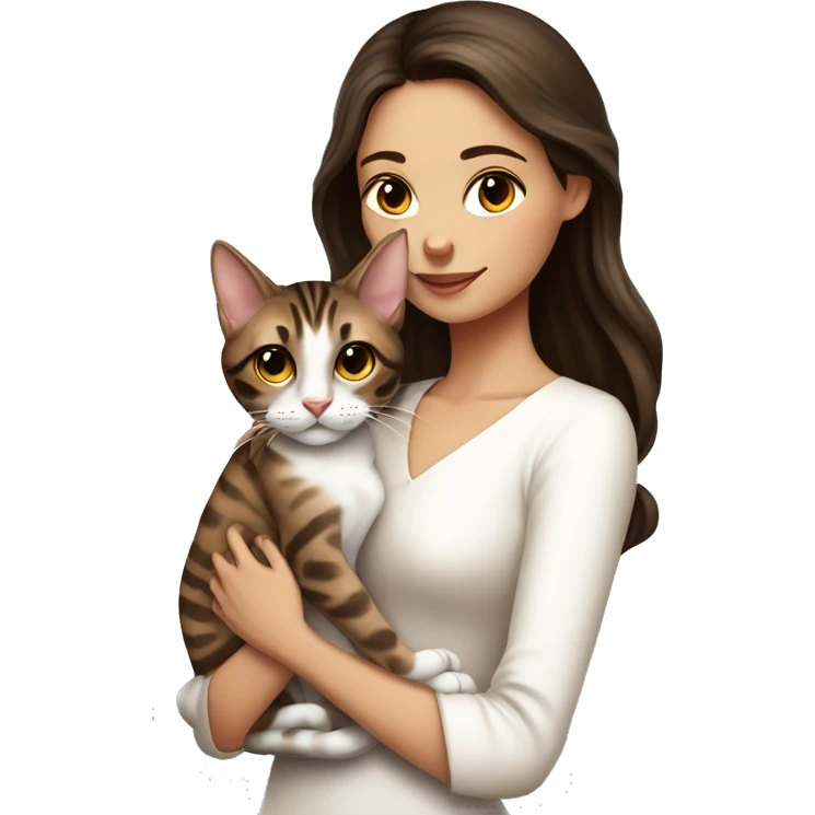 Beautiful skinny woman long dark brown hair in white dress hug bengal cat emoji