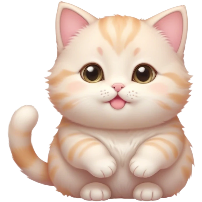 Cinematic chubby pastel kitten, big round eyes full of wonder, tiny paws reaching up, soft fluffy fur glowing in warm light, delicate heart-shaped nose, irresistibly cute and snuggly. emoji