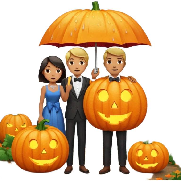 Make a guy hugging a giant pumpkin with a fork in his right hand while there's fire while there's a lady watching while it's raining while there's an umbrella on the ground that's alive and the sun has a bow tie on his neck emoji