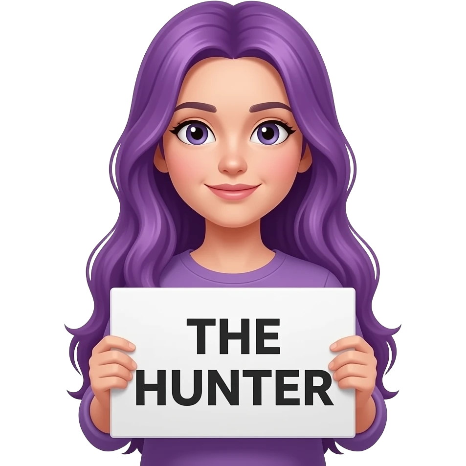 girl with long purple hair with a THE HUNTER sign emoji