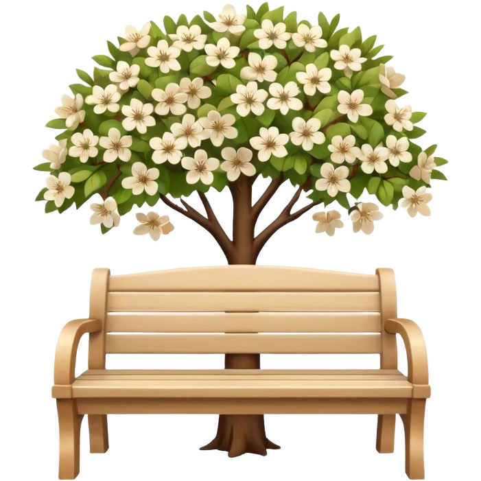 beautiful beige bench and beautiful white blooming tree emoji