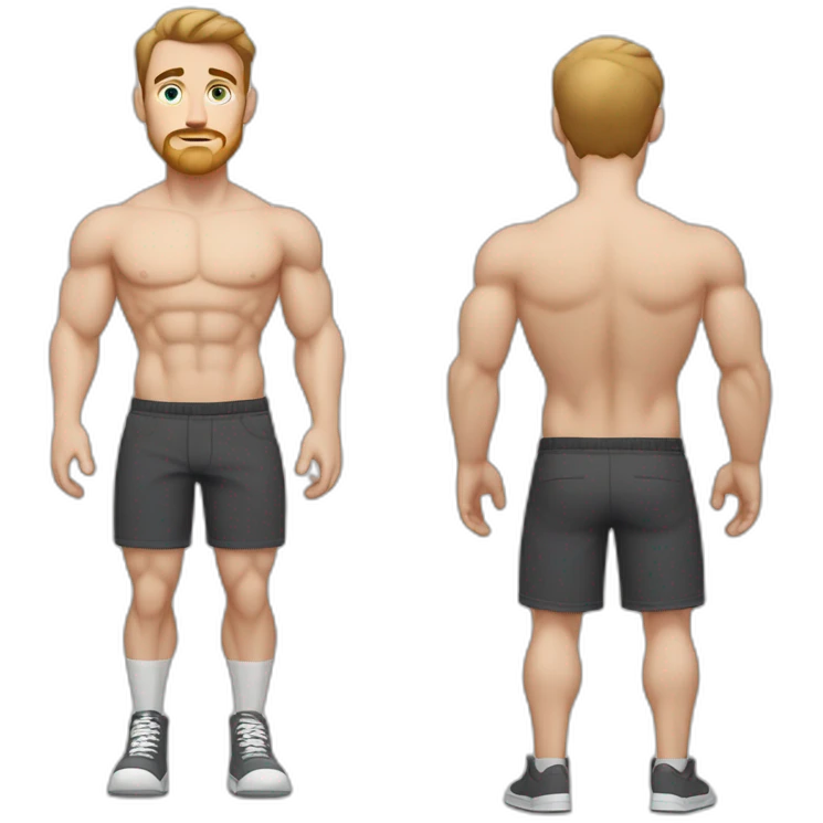 Full height Pale skinned muscular man With Realistic eyes and mouth, light brown hair and stubble In dark gray sleeveless mike, black oversize sports shorts, watch and white sneakers. emoji