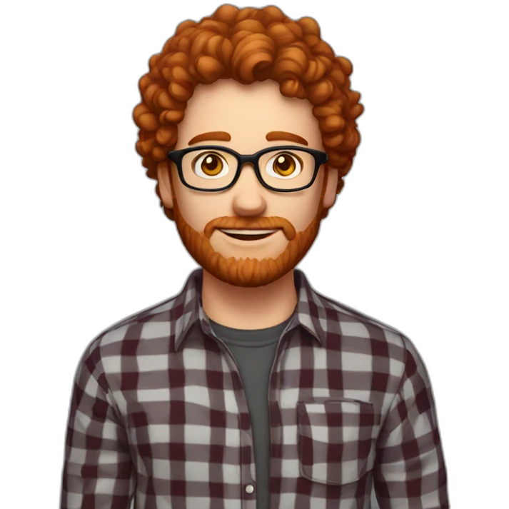 man. around 25. redhead. curly hair. with beard and glasses. black and red checked shirt. emoji