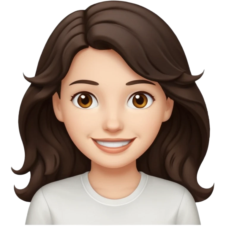A White girl with wavy and dark hair, light brown eyes and a white shirt smiling emoji