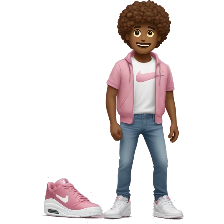 garçon avec cheveux bruns bouclés des  chaussures nike un t-shirt rose et un jeans large emoji