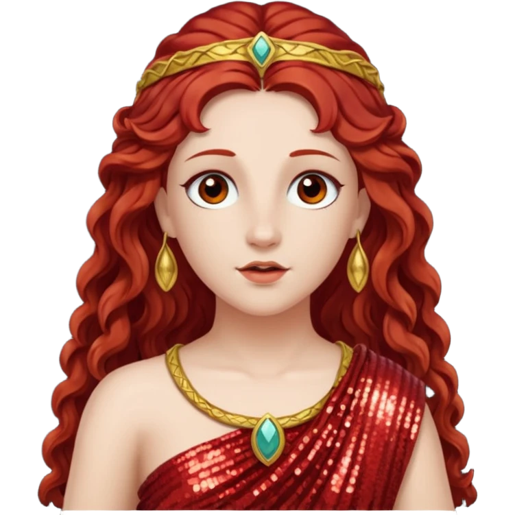 Vesta, Goddess of Hearth from Roman Deities with long dark red wavy hair, red sequin toga  emoji