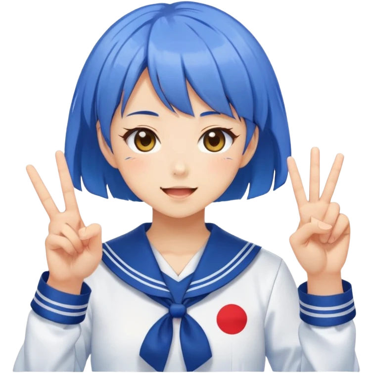 Energetic anime girl with short blue hair wearing Japanese sailor style school uniform, winking and making peace sign, kawaii style emoji