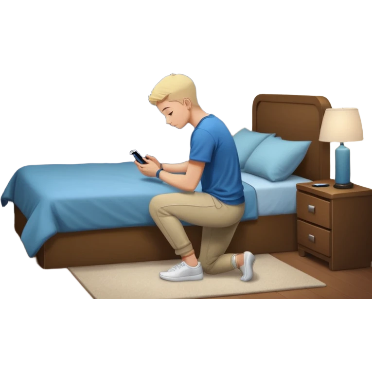 Gen Z young person kneeling beside bed in bedroom at night praying, smartphone on nightstand, wearing casual clothes, dim lighting, posters on wall emoji