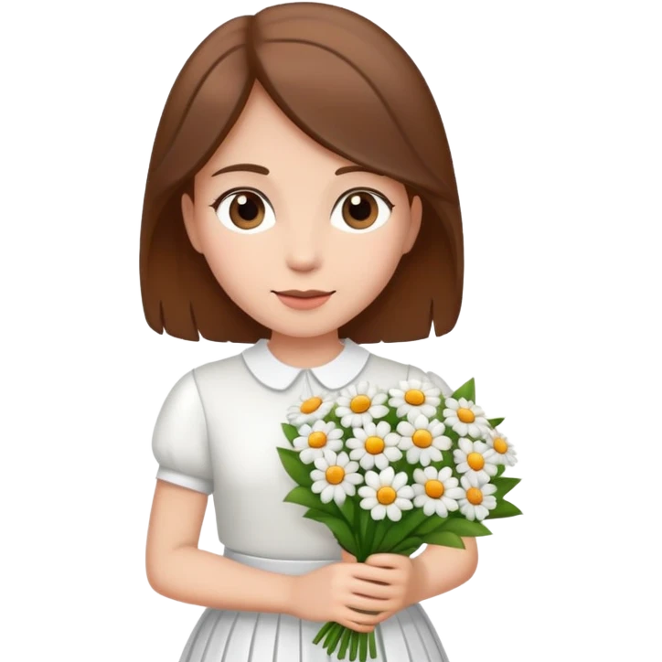 girl with brown hair wearing a white skirt holding a bouquet of flowers emoji