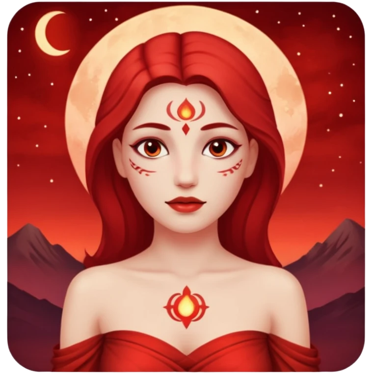 Woman standing under red moonlight, bare shoulders, ritual markings faintly glowingWoman standing under red moonlight, bare shoulders, ritual markings faintly glowing emoji
