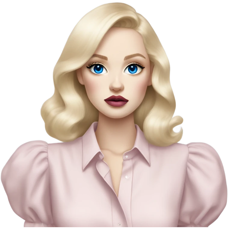 Hot girly pale blonde with blue eyes and light pink lips wearing YsL. Puffed sleeve shirt emoji