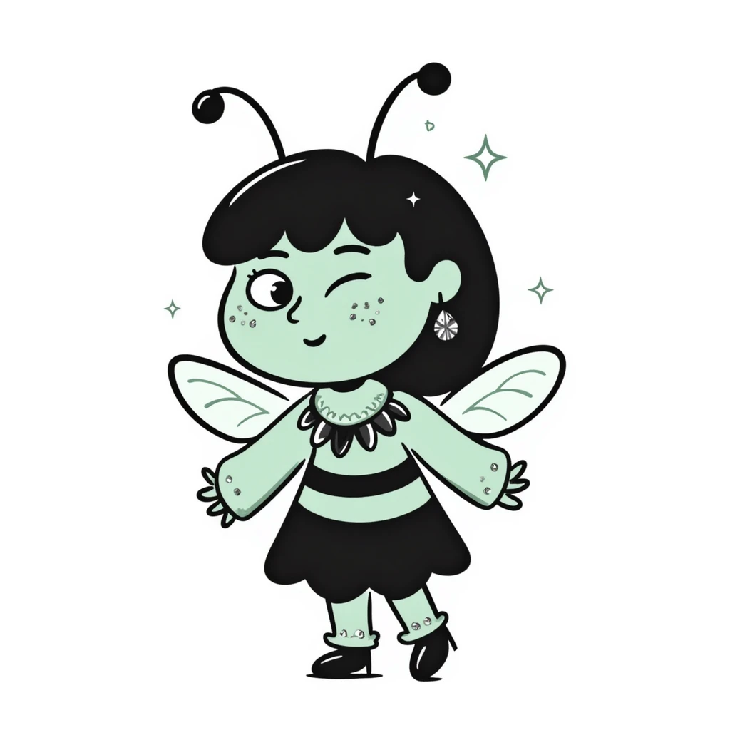 Mint green woman bee character with diamond decorations, rhinestone jewelry, and glittery sparkly details emoji