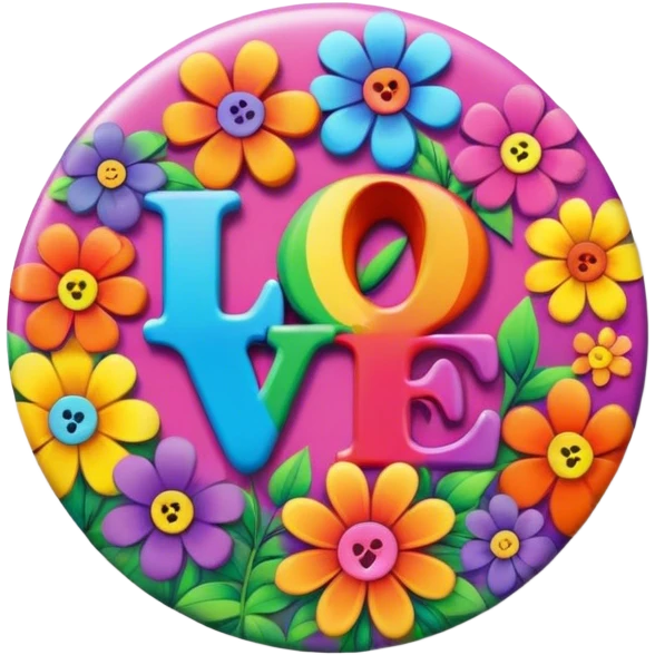 A round psychedelic colored button that says love with rainbow colored hippie style flowers emoji