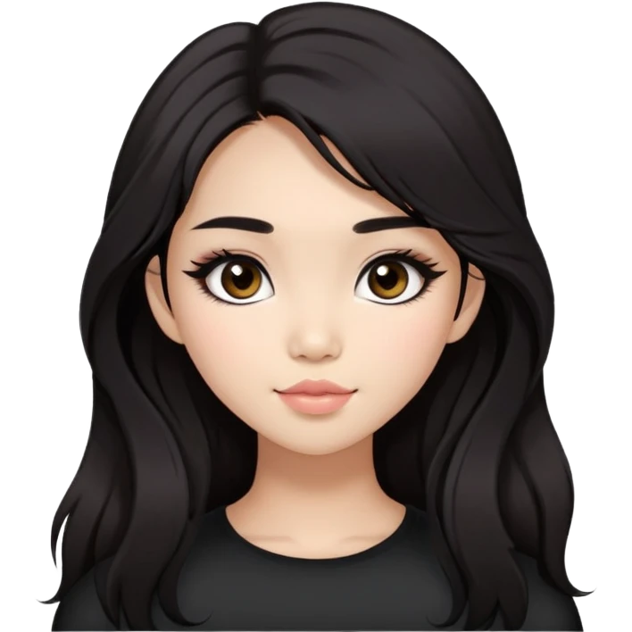 Asian girl with very long shaggy deep dark brown hair, big dark eyes. long lower lashes, cheekbones with blush. big dimples. simply black makeup emoji