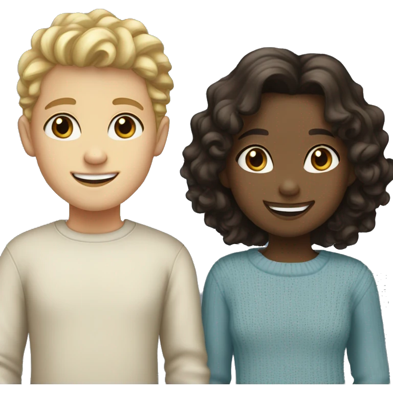 girl with dark hair and is pale and has brown eyes, smiling. with a blonde, kinda curly blue eyed boy who is smiling wearing a sweater. emoji