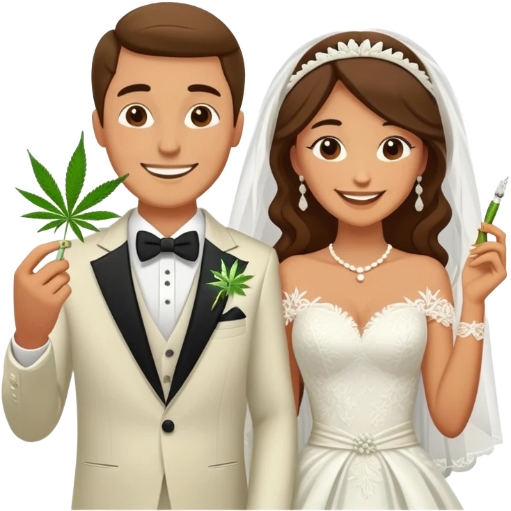 Newlywed couple, bride and groom, full body, sharing a cannabis joint at wedding emoji
