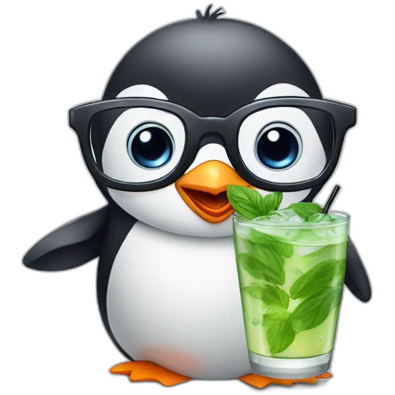 baby penguin with big glasses drinking mojito emoji