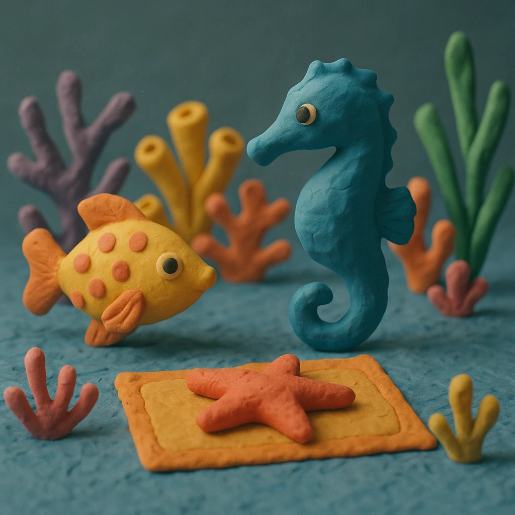 carpet on the sea floor, with textured clay corals and sea creatures, claymation style emoji