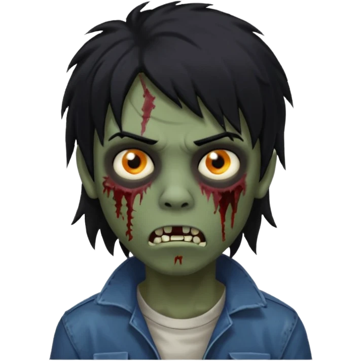 Boy, zombie, black hair, medium long, mullet, emo, shaggy, dark, spooky, black background, creepy expression emoji  emoji