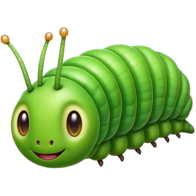 Cinematic Realistic Cute Caterpillar Portrait Emoji, Head tilted playfully and inquisitively, featuring a compact, segmented body in bright, vibrant green with delicate, inviting textures and a charming, rounded face with sparkling eyes full of curiosity, rendered with lifelike detail and natural highlights, high shine, affectionate and spirited, styled with a touch of garden whimsy, soft glowing outline, capturing the essence of a mischievous yet lovable caterpillar that seems poised to crawl cheerfully into your arms! emoji