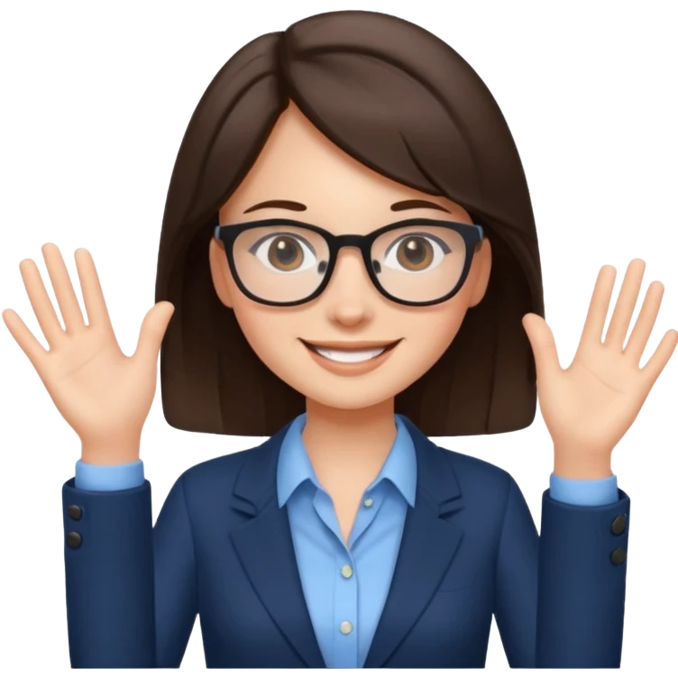 a cute brunette girl in a business casual attire  wearing glasses  with two hands  emoji