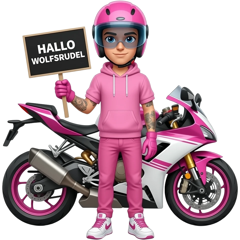 young man with pink jeans and a pink hoodie wearing white pink sneakers and pink gloves, tattoos on both forearms also he wears a pink motorcycle helmet with dark full vision and stands in front of a pink white motorcycle, is holding a black sign with HALLO WOLFSRUDEL written on it emoji