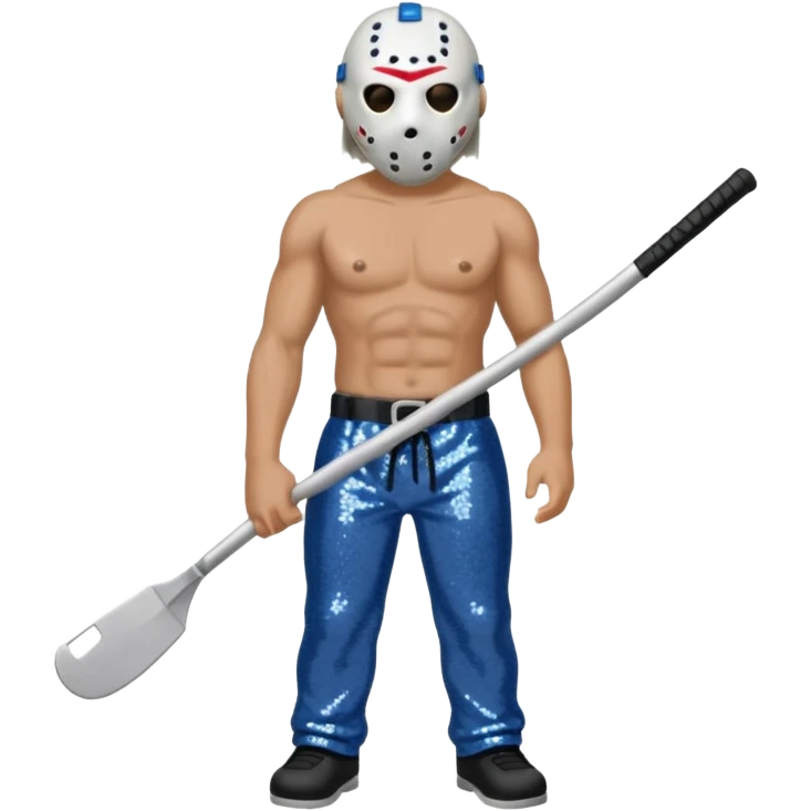 Jason Voorhees with white hockey mask, blue-gray sequin baggy pants, shirtless with necklace emoji