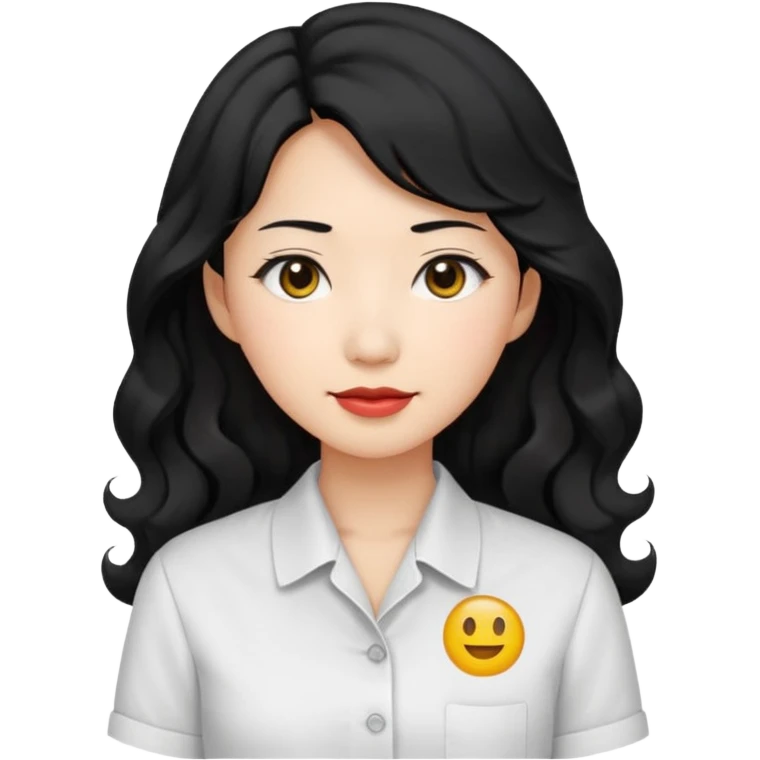 Asian woman, black hair, long permed wavy hair, white button-up shirt, emoji style, flat colors, transparent background. emoji