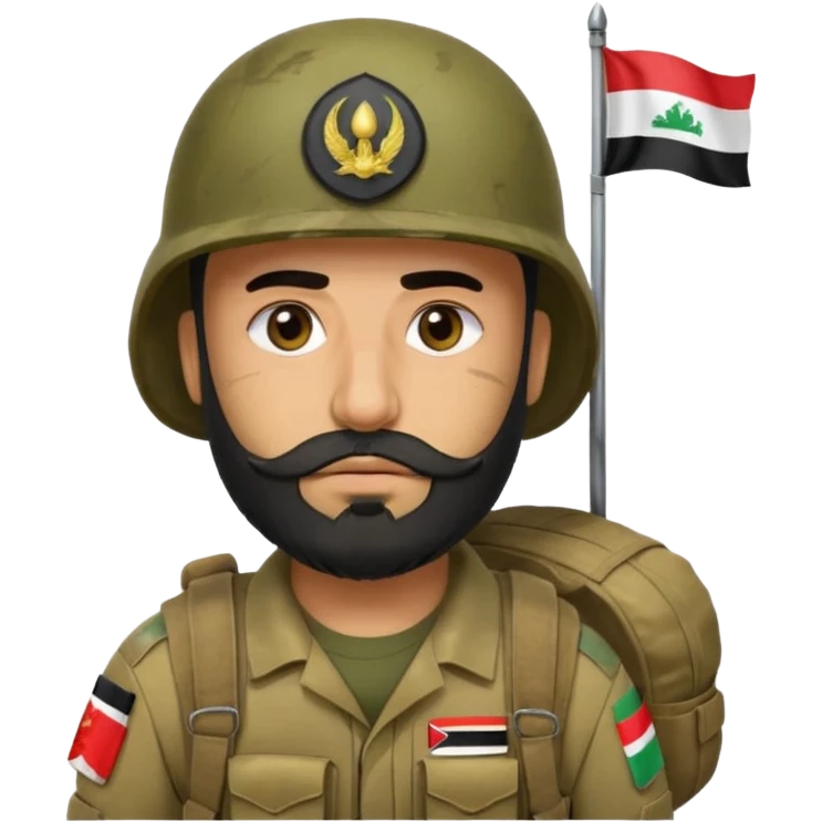 A tired, swarthy Iraqi soldier with a beard, an Iraqi flag on his helmet, a sad expression and bags under his eyes emoji