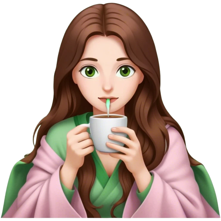 woman with very long brown hair and green eyes in a light pink blanket sipping coffee emoji