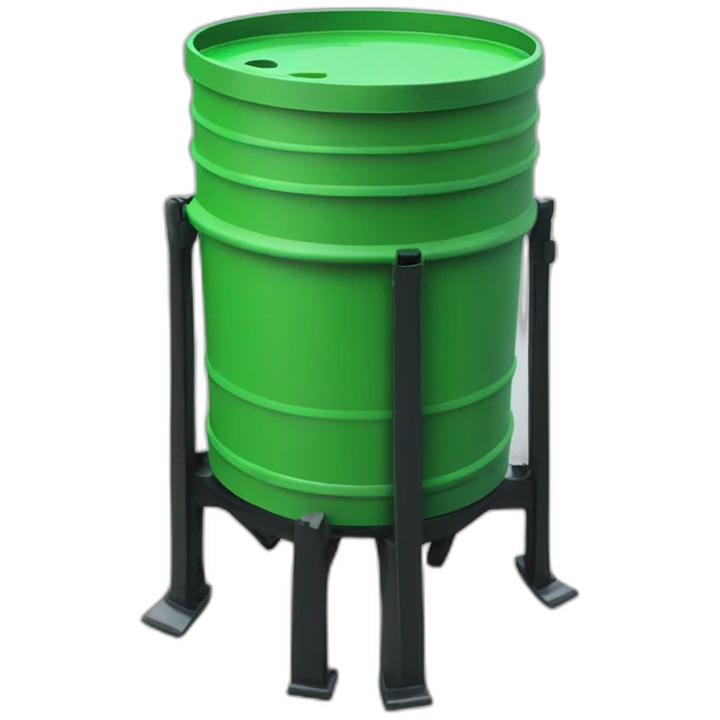 green construction plastic barrel with legs, wearing black crocs emoji