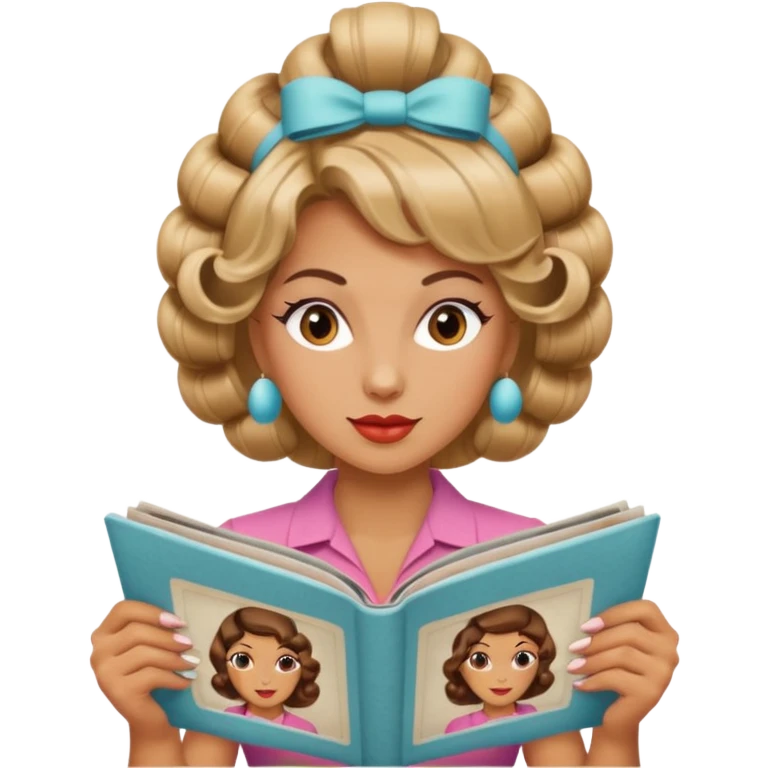 mujer en la peluquería con rulos en la cabeza y leyendo una revista, estilo vintage emoji